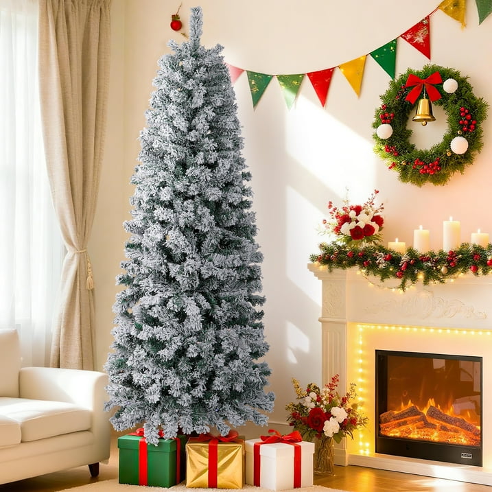 Aufelie 6FT Snow Flocked Christmas Tree, Artificial Pencil Christmas Tree with 502 Hinged Branch, Pre-lit Christmas Tree with 250 Multicolor LED Lights & 8 Modes Lights