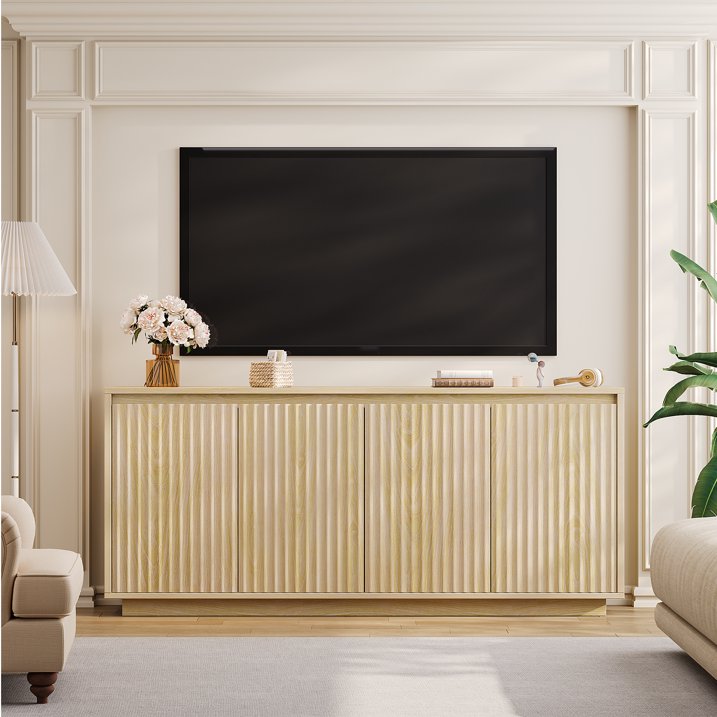Aufeile 62" Long Sideboard Buffet Cabinet, Fluted Storage Cabinet with Adjustable Shelves for Kitchen Dining Living Room, Natural