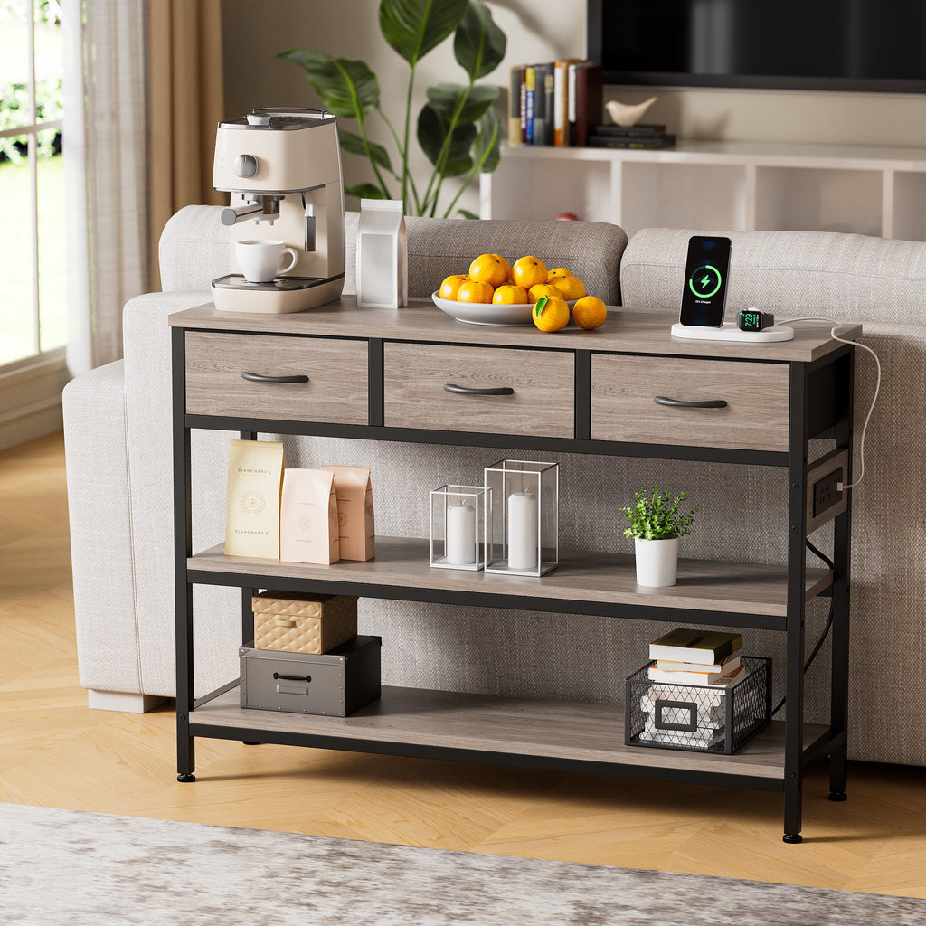 Aufeile 43" Narrow Console Table, Entryway Table with 3 Drawers and Outlets, Fabirc Sofa Table with Open Shelves for Couch, Hallway, Foyer, Living Room, Gray