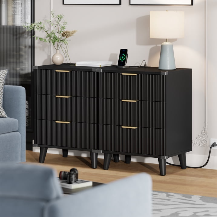 Aufeile 4 Piece Boho Dresser Set for Bedroom, 6 Drawer Dresser, 5 Drawer Tall Dresser & 2 Nightstands with 3 Drawers & USB Charging, Fluted Wood Bedroom Furniture Set, Black