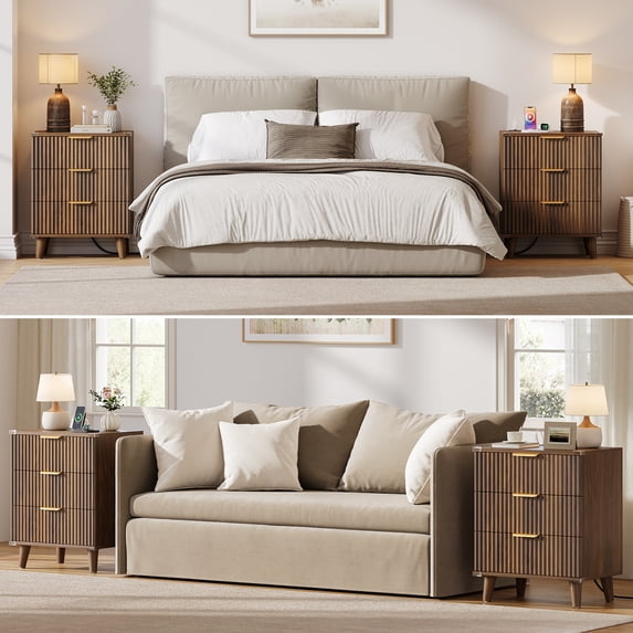 Aufeile 3 Drawer Nightstand with Charging Station, Modern Wood Night Stand for Bedroom, Bedside Table with Wave Panel, Wood Sofa Side End Table for Bedroom, Living Room, Walnut