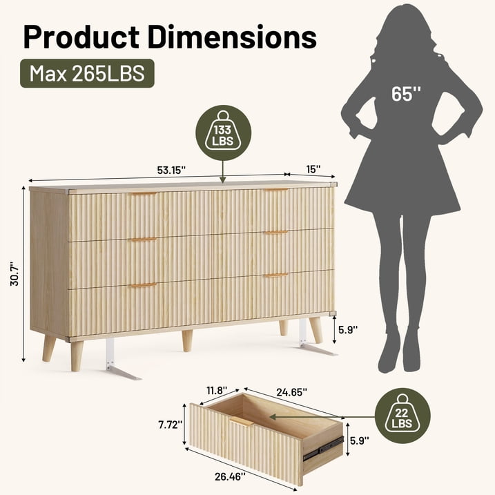 Aufeile 6 Drawer Dresser for Bedroom, 53" Wood Dressers for Bedroom, Modern Fluted Dresser & Bedroom Dresser for Adults, Long Dresser for Bedroom TV Stand, Natural Oak