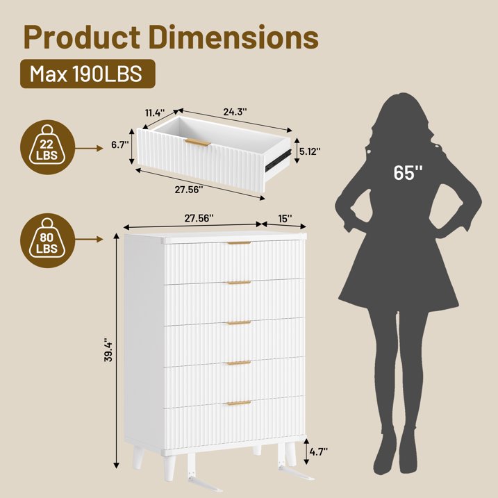 Aufeile 4 Piece Boho Dresser Set for Bedroom, 6 Drawer Dresser, 5 Drawer Tall Dresser & 2 Nightstands with & USB Charging, Fluted Wood Bedroom Furniture Set, White