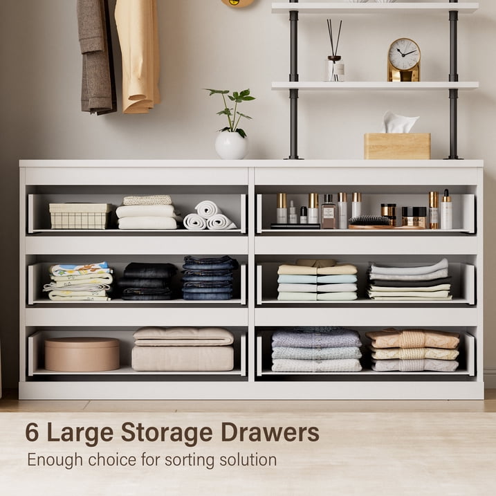 Aufeile 6 Drawer Dresser for Bedroom, 77" Tall Chest of Drawers with Hanging Rack, Industrial Wood Bedroom Dresser, Large Drawer Dresser Closet Organizer for Adults, White