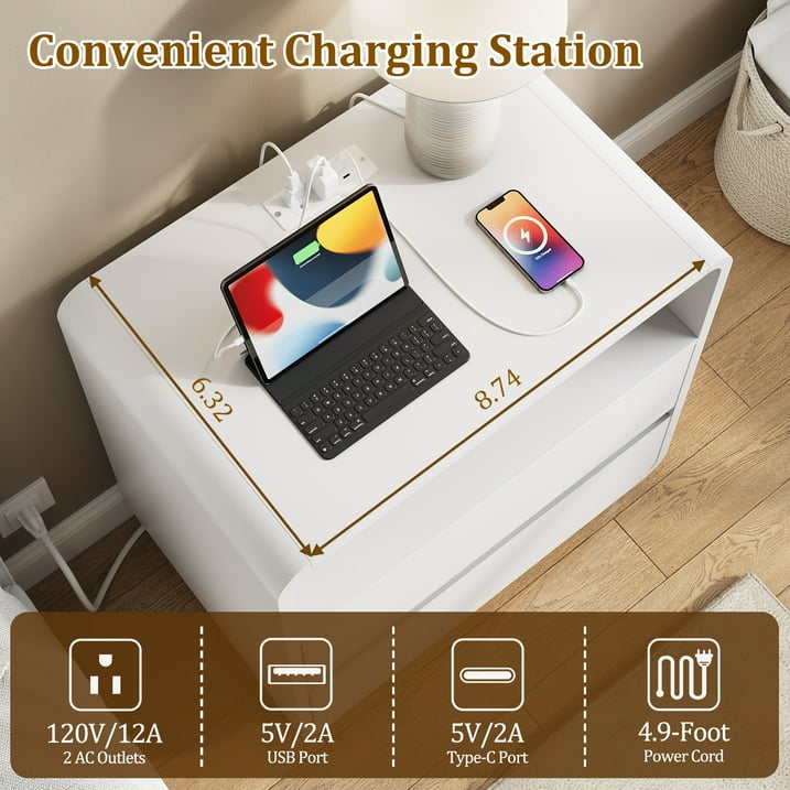 Aufeile Modern Curved Nightstand with Charging Station, 23.6" Wide Bedside Table with 2 Drawers & Open Shelf, Wooden Night Stand with USB & Type-C Ports for Bedroom or Living Room, White