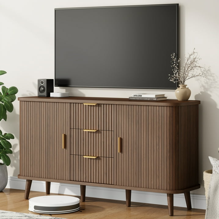 Aufeile Sideboard Buffet Cabinet, 55" Storage Cabinet with 3 Drawers and Adjustable Shelves, Modern Accent Cabinet for Kitchen, Dining Living Room, Entryway, Hallway, Walnut