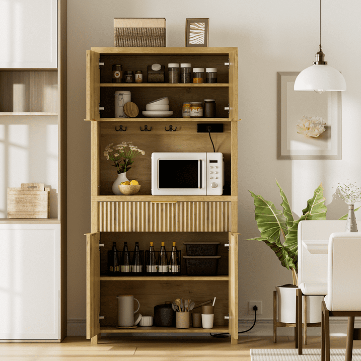 Aufeile 71" Tall Pantry with Drawer and Charging Station, Fluted Pantry Storage Cabinet with Adjustable Shelves for Kitchen Dining Room Living Room, Natural Oak