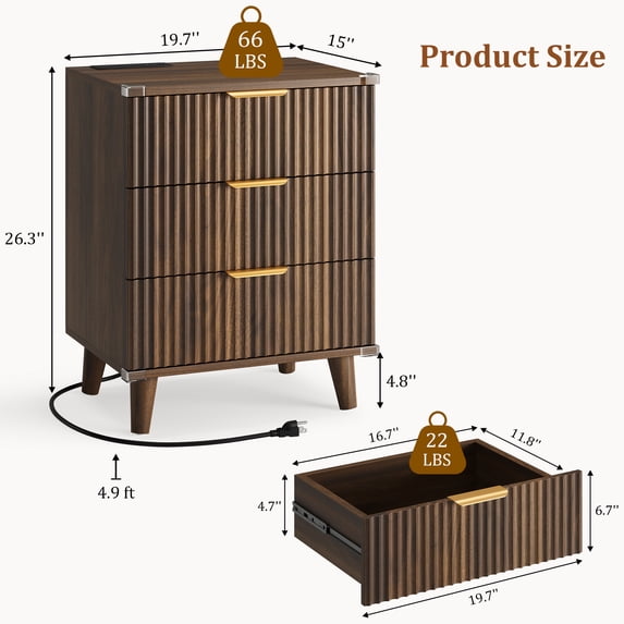 Aufeile Nightstand Set of 2 for Bedroom, Modern Fluted Nightstands with Charging Station, 3 Drawer Wood Bedside Table & End Tables for Bedroom, Living Room, Walnut