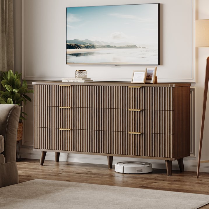 Aufeile Dresser for Bedroom, 53" 6 Drawer Dresser & Chest of Drawers with Fluted Design, Wood Dresser for Adults, Long Bedroom Dresser & Storage Organizer, Walnut