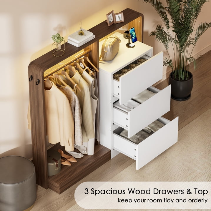Aufeile Dresser for Bedroom, 3 Drawer Dresser with Hanging Rod, LED Lights & Charging Station, Modern Wood Storage Dresser Chest for Bedroom, Closet, Entryway, White