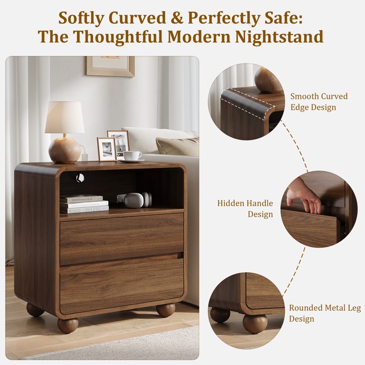 Aufeile Nightstand Set of 2 with Charging Station, Wood Bedside Tables with 2 Drawers & Open Shelf, Curved Storage Cabinets for Bedroom, Living Room, Walnut