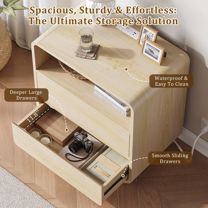 Aufeile Nightstand for Bedroom with Charging Station, 23.6" Wide Bedside Table with 2 Drawers & Open Shelf, Curved Wood Night Stand with USB & Type-C for Bedroom or Living Room, Natural