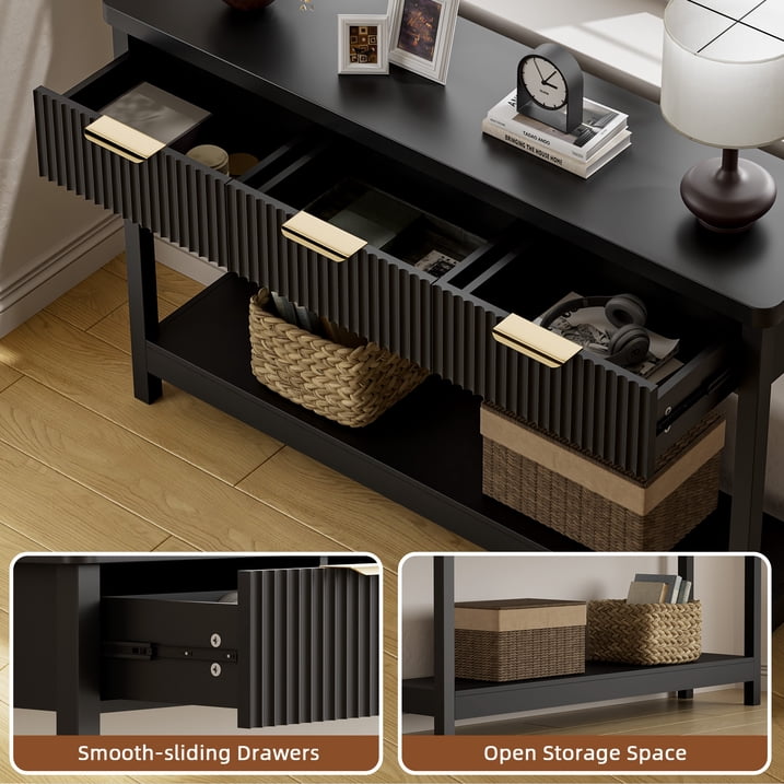 Aufeile 51" Console Table, Fluted Entryway Table with 3 Storage Drawers and Open Shelf, Narrow Sofa Table for Living Room, Hallway, Behind Couch, Black