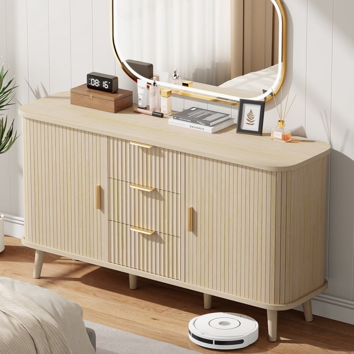 Aufeile Sideboard Buffet Cabinet, 55" Storage Cabinet with 3 Drawers and Adjustable Shelves, Modern Accent Cabinet for Kitchen, Dining Living Room, Entryway, Hallway, Natural Oak