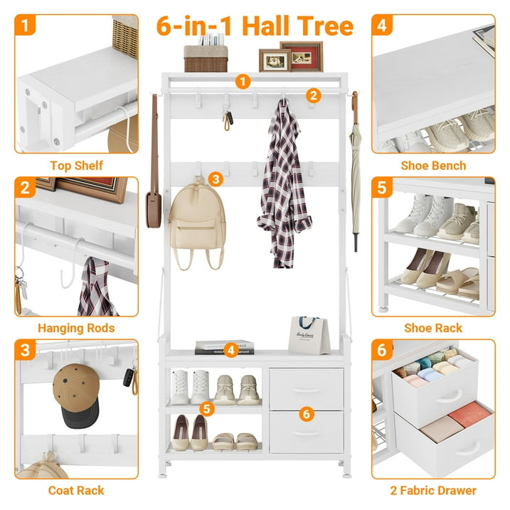 Aufeile Hall Tree with Bench, 6-in-1 Entryway Storage Organizer with Shoe Rack, 17 Hooks, 2 Drawers, Hanging Rod & Top Shelf, Industrial Coat Rack for Hallway, Living Room, White