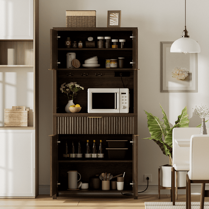 Aufeile 71" Tall Pantry Storage Cabinet with Drawer and Charging Station, Fluted Pantry Cabinet with Adjustable Shelves for Kitchen Dining Room Living Room, Black