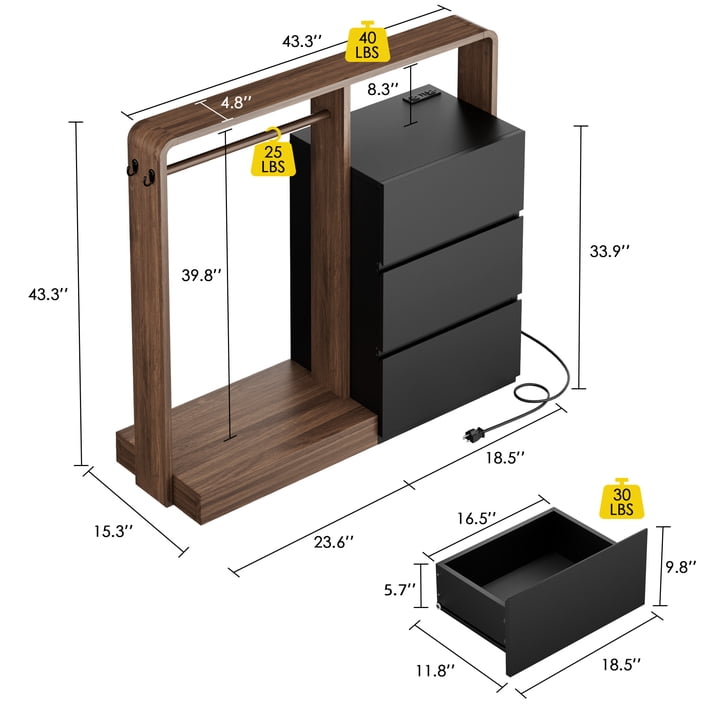 Aufeile Dresser for Bedroom, 3 Drawer Dresser with Hanging Rod, LED Lights & Charging Station, Modern Wood Storage Dresser Chest for Bedroom, Closet, Entryway, Black