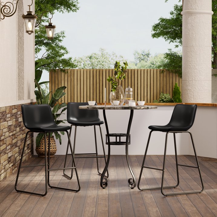 Aufeile 26" Counter Height Bar Stools Set of 3 – Modern Faux Leather Barstools with Back & Metal Legs, Kitchen Bar Chairs for Island, Dining Room, Black