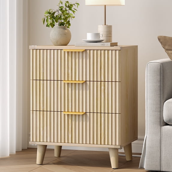 Aufeile Fluted Nightstand for Bedroom with Charging Station, Modern Bedside Table with 3 Drawers, Wood Sofa Side End Table for Bedroom, Living Room, Natural
