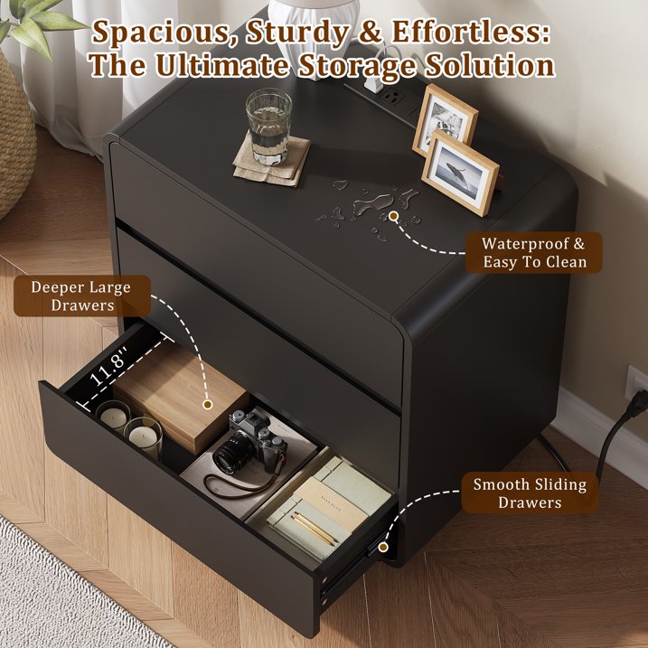 Aufeile Nightstand for Bedroom with Charging Station, 23.6" Wide Bedside Table with 3 Drawers & Open Shelf, Curved Wood Night Stand for Bedroom or Living Room, Black