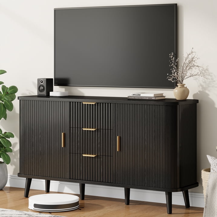 Aufeile Sideboard and Buffet, 55" Storage Cabinet with 3 Drawers and Adjustable Shelves, Modern Accent Cabinet for Kitchen, Dining Living Room, Entryway, Hallway, Black