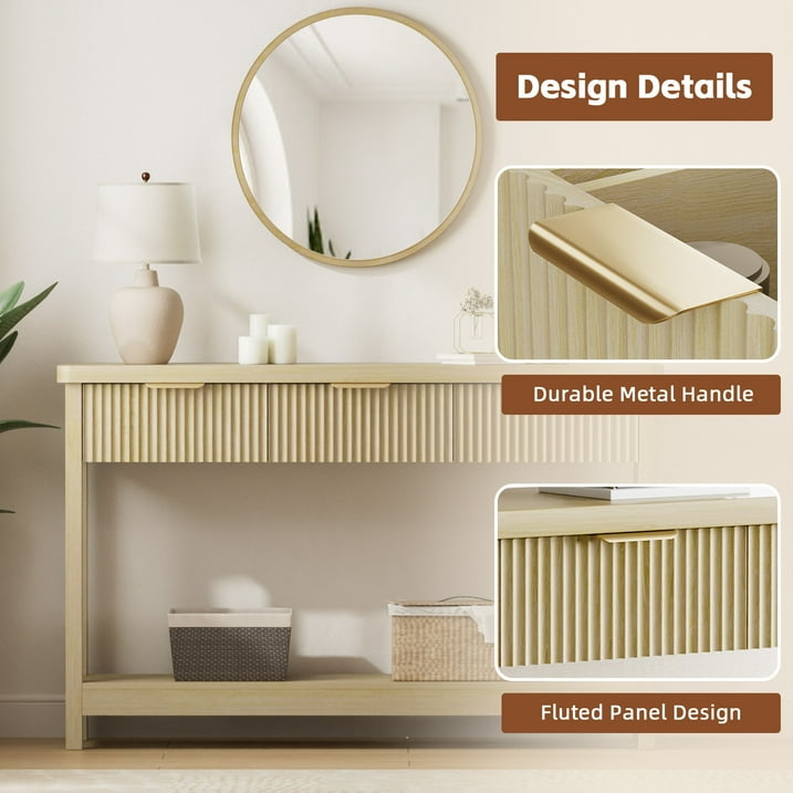 Aufeile 51" Entryway Table, Fluted Console Table with 3 Storage Drawers and Open Shelf, Narrow Couch Sofa Table for Living Room Hallway Entrance Foyer, Natural Oak