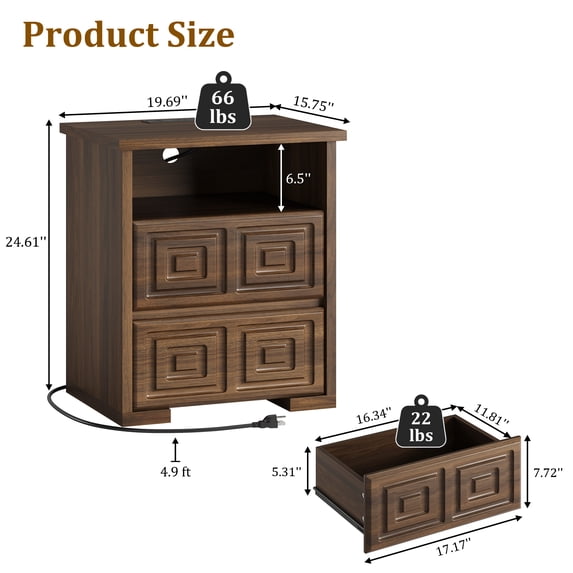 Aufeile Farmhouse Nightstand Set of 2, Rustic Sofa Side Table with USB & AC Outlets for Bedroom, End Tables with 2 Drawers for Living Room, Brown