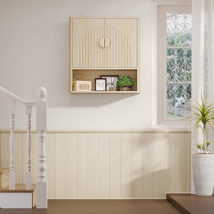 Aufeile Bathroom Wall Mounted Cabinet with Fluted Arched Door and Adjustable Shelf, Wood Medicine Cabinet Storage Organizer for Laundry Living Room, Natural Oak