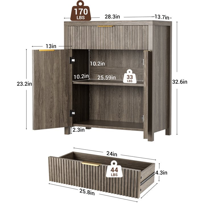 Aufeile 85" W Sideboard Buffet Cabinet with Storage Drawers, Set of 3 Fluted Accent Cabinet with Adjustable Shelves, Modular Storage Cabinet for Dining Room, Kitchen, Living Room, Gray Oak