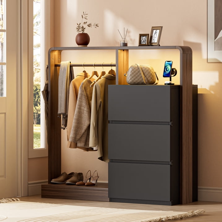 Aufeile Dresser for Bedroom, 3 Drawer Dresser with Hanging Rod, LED Lights & Charging Station, Modern Wood Storage Dresser Chest for Bedroom, Closet, Entryway, Black