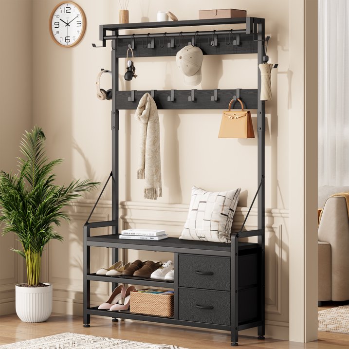 Aufeile 6-in-1 Hall Tree with Bench, Wide Entryway Bench with Shoe Storage, 24 Hooks, 2 Drawers, Hanging Rod & Shelf, Heavy Duty Coat Rack for Hallway, Living Room, Black