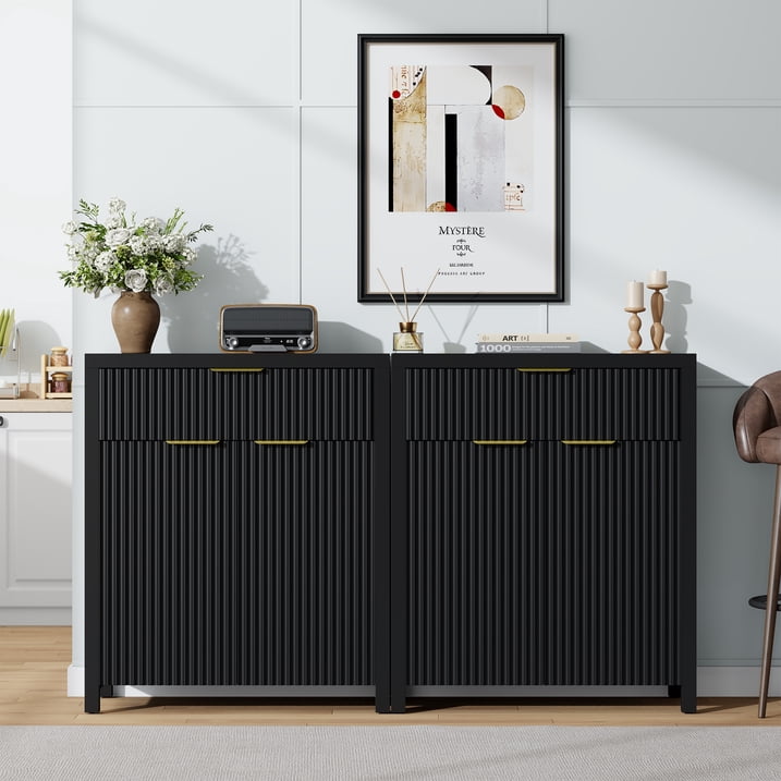 Aufeile Buffet Sideboard Cabinet with Drawer & Adjustable Shelf, Fluted Buffet Table with Storage, Modern Home Accent Furniture for Kitchen, Dining Living Room, Entryway, Black