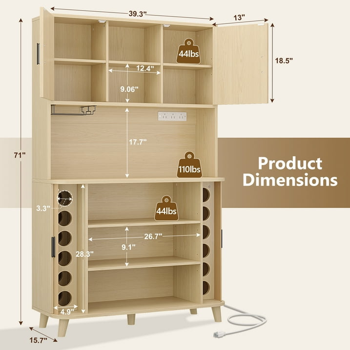 Aufeile Pantry Cabinet, 71" Tall Kitchen Pantry with Outlet, Pantry Storage Cabinet with Countertop and Sliding Doors, 39" Wide Hutch for Dining Room, Living Room, Natural Oak