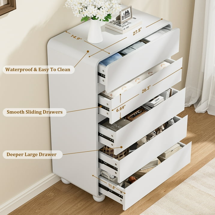 Aufeile 41" Tall Dresser for Bedroom, 5 Drawer Modern Wood Dresser with Curved Profile, Chest of Drawers for Bedroom, Vertical Storage Cabinet for Living Room, Entryway, White