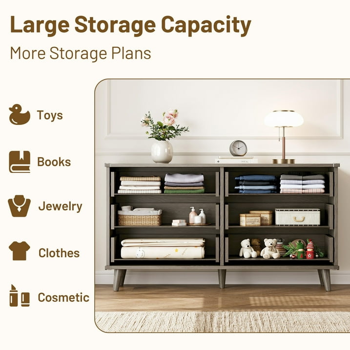 Aufeile 6 Drawer Dresser for Bedroom, 53" Wood Dresser & Chest of Drawers with Fluted Design, Bedroom Dressers for Adults & Dresser Organizer, Long Dresser with Storage, Dark Gray Oak