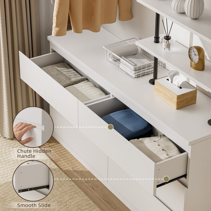 Aufeile 6 Drawer Dresser for Bedroom, 77" Tall Chest of Drawers with Hanging Rack, Industrial Wood Bedroom Dresser, Large Drawer Dresser Closet Organizer for Adults, White