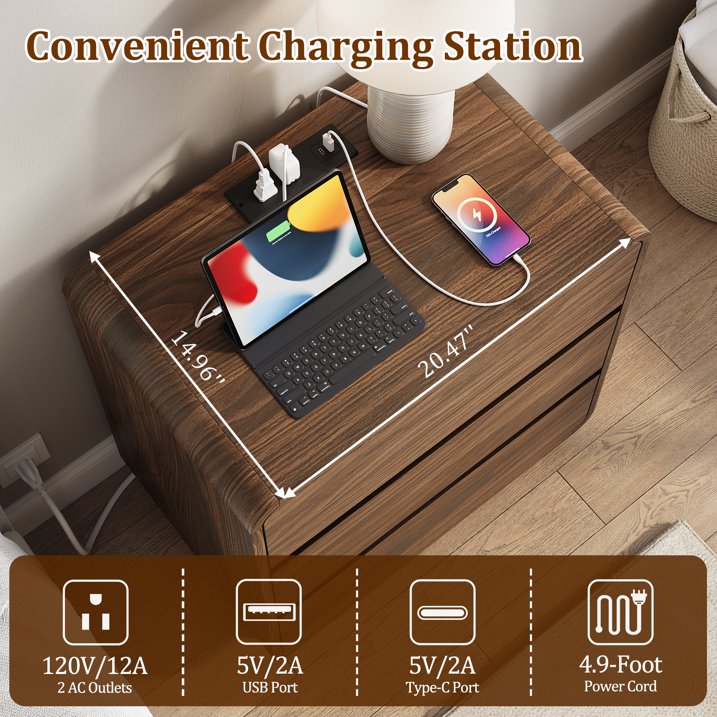 Aufeile Nightstand for Bedroom with Charging Station, 23.6" Wide Bedside Table with 3 Drawers & Open Shelf, Curved Wood Night Stand for Bedroom or Living Room, Walnut