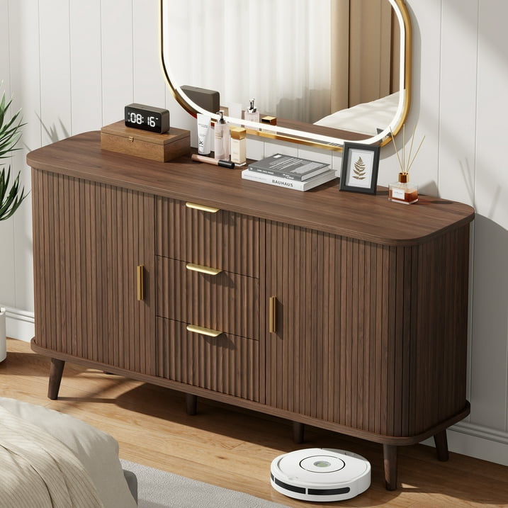 Aufeile Sideboard Buffet Cabinet, 55" Storage Cabinet with 3 Drawers and Adjustable Shelves, Modern Accent Cabinet for Kitchen, Dining Living Room, Entryway, Hallway, Walnut
