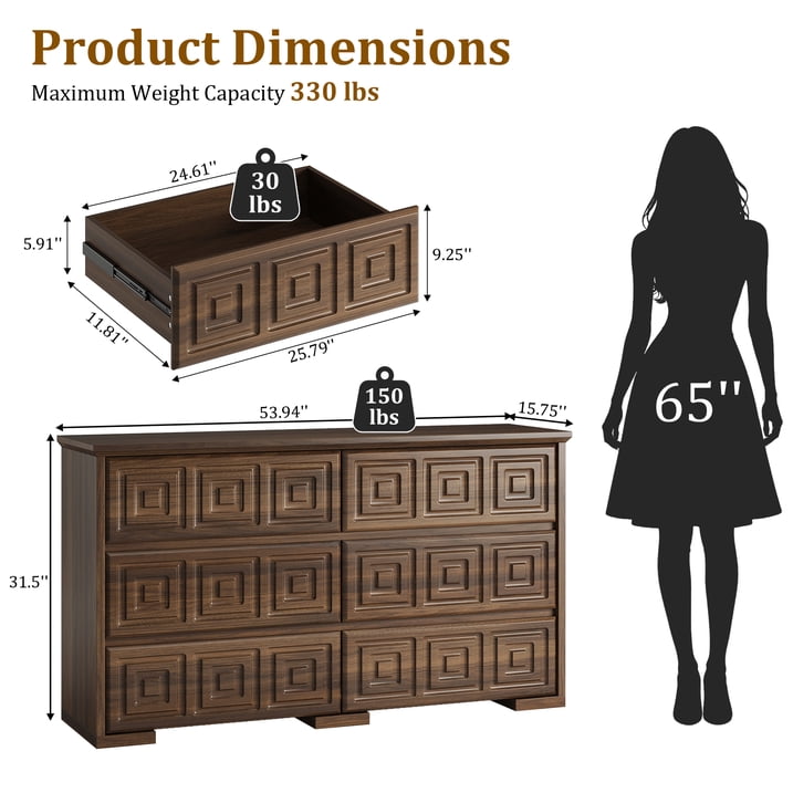 Aufeile Farmhouse Dresser for Bedroom, 54" Wide 6 Drawer Dresser with Carved Panels, Rustic Wooden Chest of Drawers, Long Bedroom Dresser Storage Cabinet for Living Room, Walnut