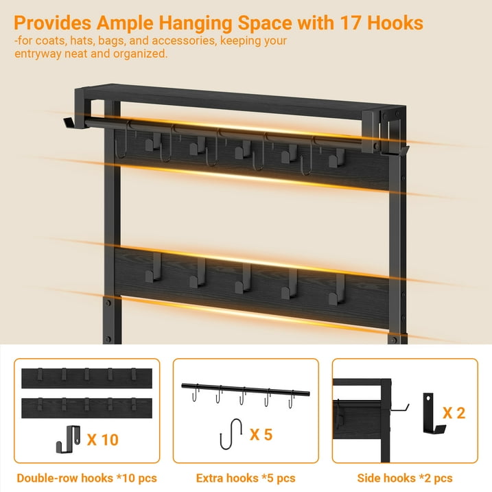 Aufeile Hall Tree with Bench, 6-in-1 Entryway Storage Organizer with Shoe Rack, 17 Hooks, 2 Drawers, Hanging Rod & Top Shelf, Industrial Coat Rack for Hallway, Living Room, Black