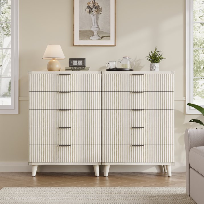 Aufeile 39.4" Tall Dresser for Bedroom, Fluted Wood Dresser with 5 Drawer, Modern Chest of Drawers for Bedroom with Wave Panel, Slim Storage Dresser for Small Spaces, White Oak