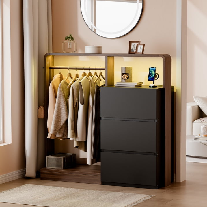 Aufeile Dresser for Bedroom, 3 Drawer Dresser with Hanging Rod, LED Lights & Charging Station, Modern Wood Storage Dresser Chest for Bedroom, Closet, Entryway, Black
