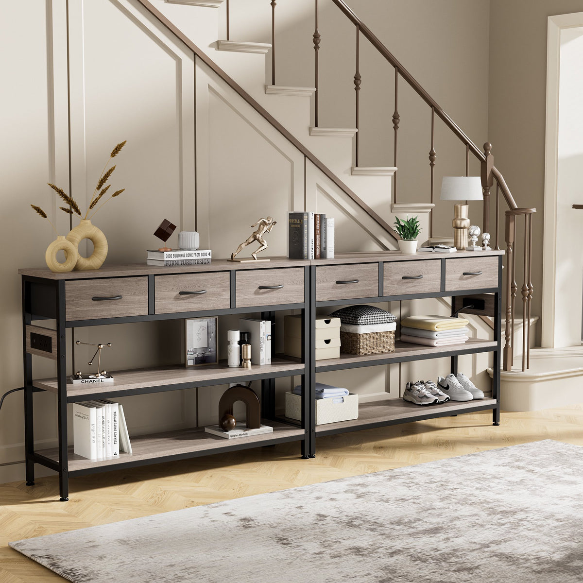 Aufeile 43" Narrow Console Table, Entryway Table with 3 Drawers and Outlets, Fabirc Sofa Table with Open Shelves for Couch, Hallway, Foyer, Living Room, Gray