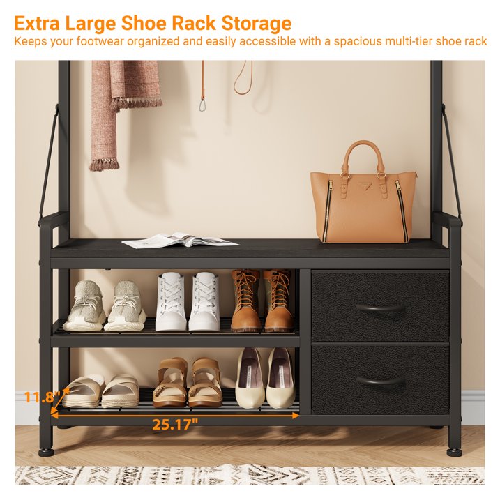 Aufeile 6-in-1 Hall Tree with Bench, Wide Entryway Bench with Shoe Storage, 24 Hooks, 2 Drawers, Hanging Rod & Shelf, Heavy Duty Coat Rack for Hallway, Living Room, Black