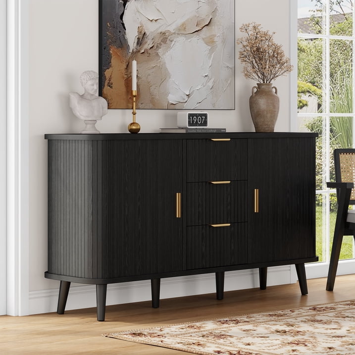 Aufeile Sideboard and Buffet, 55" Storage Cabinet with 3 Drawers and Adjustable Shelves, Modern Accent Cabinet for Kitchen, Dining Living Room, Entryway, Hallway, Black