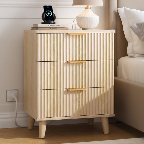 Aufeile Nightstand Set of 2 for Bedroom, Modern Fluted Nightstands with Charging Station, 3 Drawer Wood Bedside Table & End Tables for Bedroom, Living Room, Natural