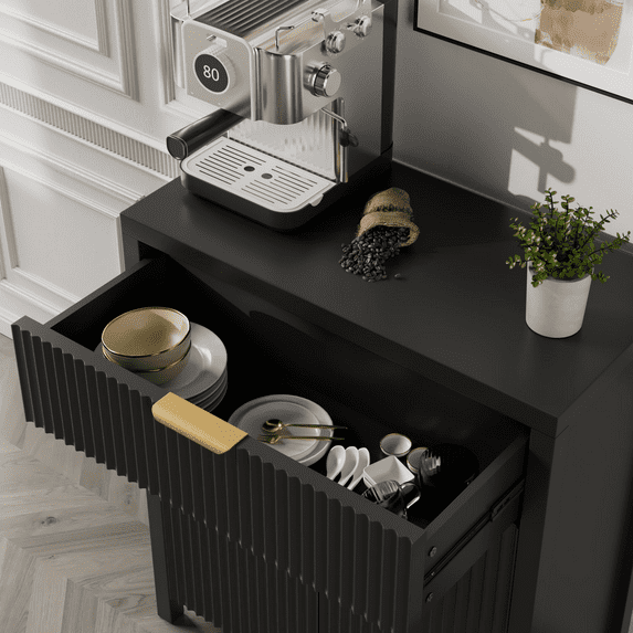 Aufeile 85" W Sideboard Buffet Cabinet with Storage Drawers, Set of 3 Fluted Accent Cabinet with Adjustable Shelves, Modular Storage Cabinet for Dining Room, Kitchen, Living Room, Black