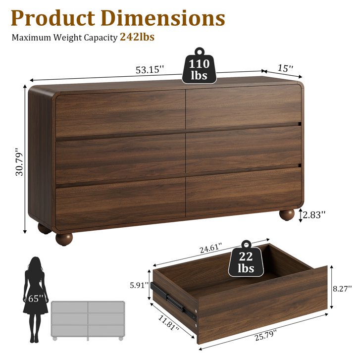 Aufeile 4 Piece Curved Dresser and Nightstand Set for Bedroom, 6 Drawer Dresser, Tall 5 Drawer Chest & 2 Nightstands with Charging Station, Modern Curved Profile Bedroom Furniture Set, Walnut