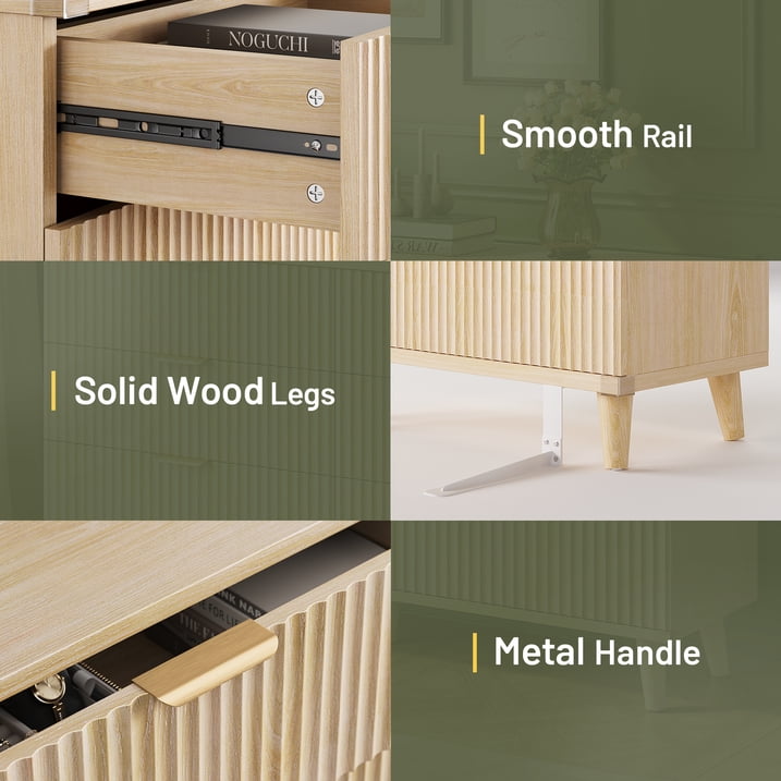 Aufeile 3 Piece Dresser and Nightstand Set for Bedroom, Boho 6 Drawer Dresser & 2 Nightstands with USB Charging, Fluted Wood Storage Cabine, Modern Bedroom Furniture Set, Natural