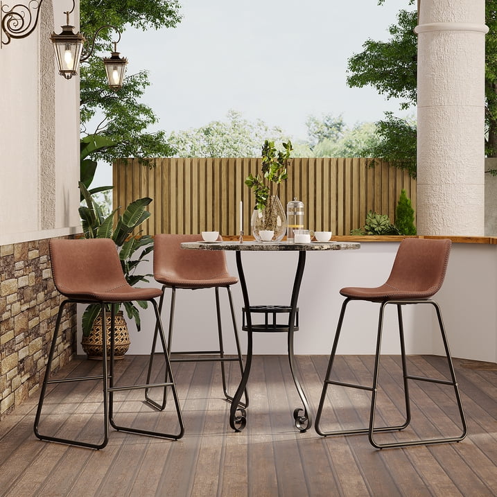 Aufeile 26" Counter Height Bar Stools Set of 3 – Modern Faux Leather Barstools with Back & Metal Legs, Kitchen Bar Chairs for Island, Dining Room, Dark Brown